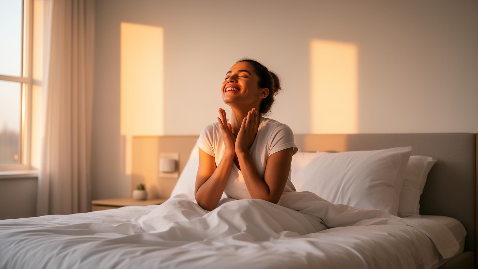 Person waking up energized in morning light